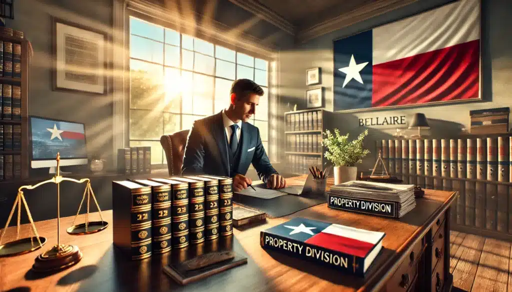 A wide-angle, photo-realistic, cinematic image with summer vibes illustrating the importance of skilled property division attorneys in Bellaire, Texas. The scene features a professional attorney's office with a confident attorney discussing case details with a client. Legal books, neatly stacked files, and a laptop are arranged on a polished desk, with Texas-themed décor subtly highlighting the location. Through large windows, warm sunlight streams in, casting a serene summer glow over the room. The atmosphere is professional yet approachable, conveying trust, expertise, and the value of having skilled legal representation during a property division process.