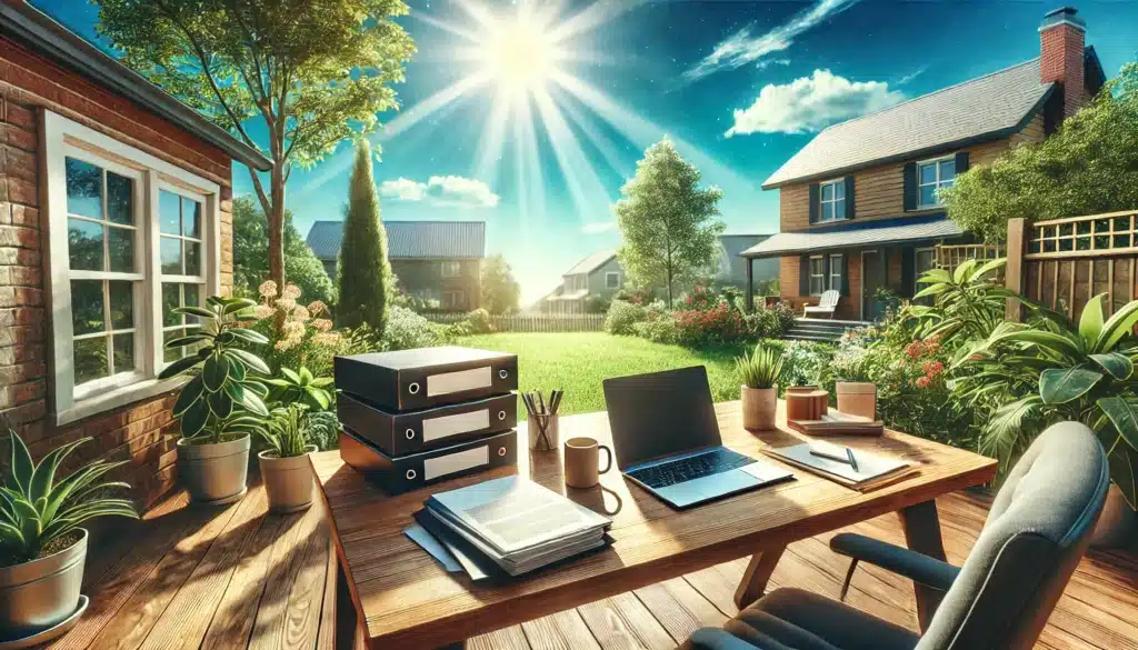 A wide-angle, photo-realistic, cinematic image with summer vibes, depicting an organized desk setup outdoors under a bright blue sky. The desk has neatly arranged papers, a laptop, and a coffee mug, symbolizing the process of organizing an uncontested divorce. Surrounding the desk are vibrant summer greenery and gentle sunlight filtering through, creating a peaceful and productive atmosphere. The background includes a quiet suburban setting, evoking a sense of calm and simplicity.