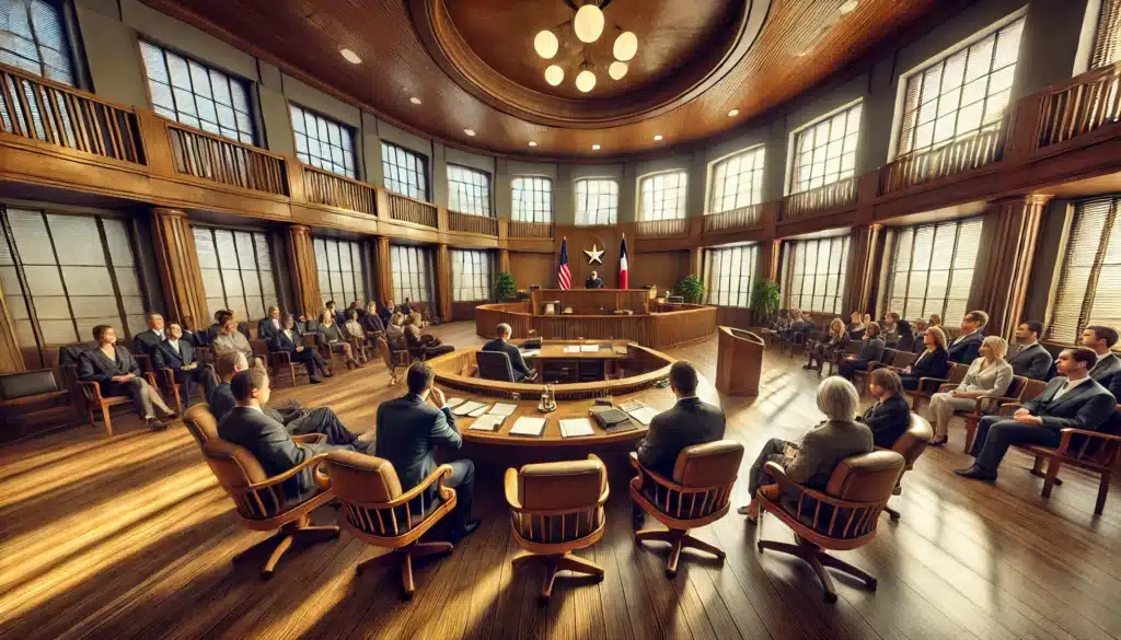 A photo-realistic, wide-angle image of a courtroom setting where factors influencing custody decisions are being discussed. The scene includes a judge seated at the bench, attorneys presenting arguments, and parents seated with their legal representatives. The courtroom is well-lit with natural summer light streaming through large windows, creating a cinematic atmosphere. Details include wooden furnishings, the Texas state flag, and a serious yet calm environment that conveys professionalism and the importance of the proceedings.