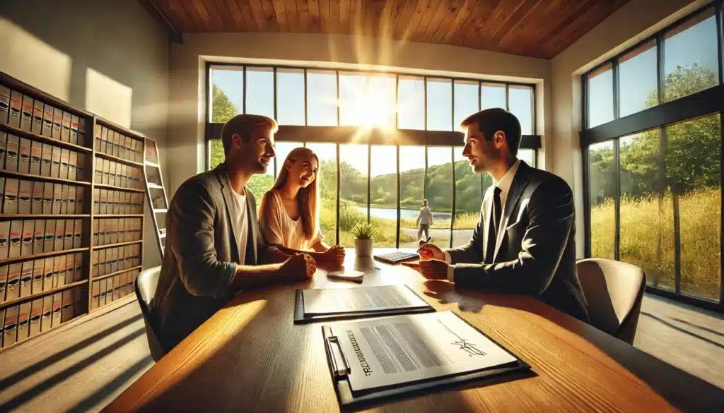 A wide-angle, photo-realistic, cinematic image of a prenuptial agreements attorney in The Woodlands, Texas having a discussion with a couple. The setting is a bright, airy office with large windows showing a summer landscape outside. The attorney is seated at a desk with legal documents, engaging warmly with the couple seated across. The couple looks attentive and relaxed, suggesting a collaborative and positive atmosphere. The sunlight casts a warm, golden glow, evoking summer vibes and a sense of optimism. The scene conveys professionalism, trust, and thoughtful legal planning.