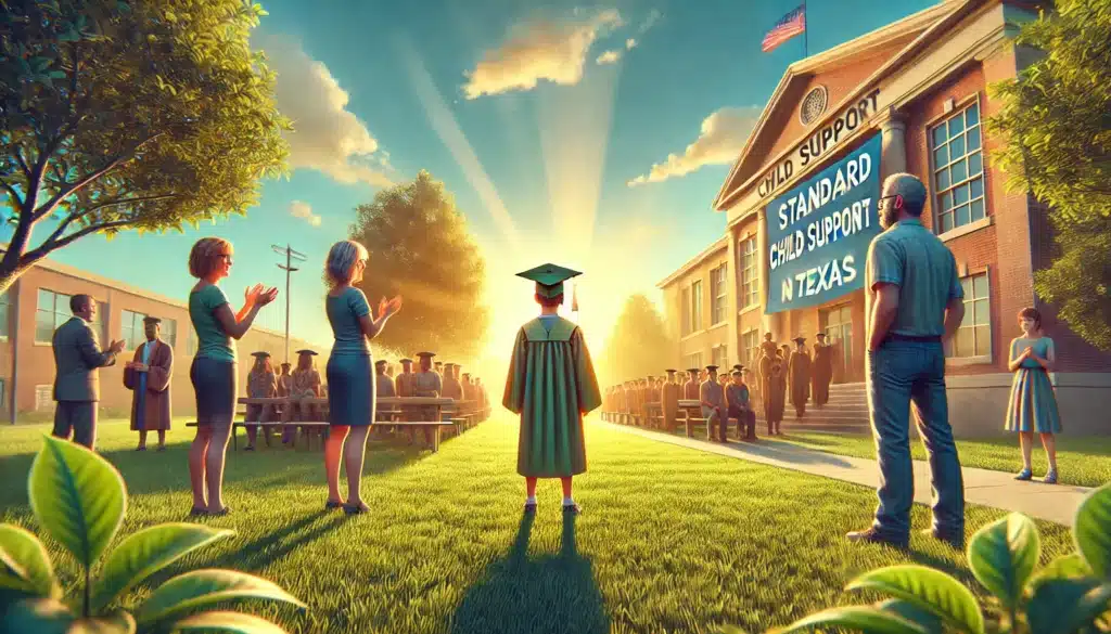 A wide-angle, photo-realistic, cinematic image with summer vibes capturing an illustrative scene representing the concept of the standard end of child support in Texas. The scene shows a family transitioning through a milestone, like a graduation ceremony, set outdoors in warm, bright summer light. The environment includes a high school or similar institution, with a child in a graduation cap and gown, and parents standing nearby with expressions of pride and reflection. The setting feels celebratory, symbolizing the moment child support typically ends, and the overall vibe is serene and hopeful, with soft sunlight, green lawns, and clear blue skies.