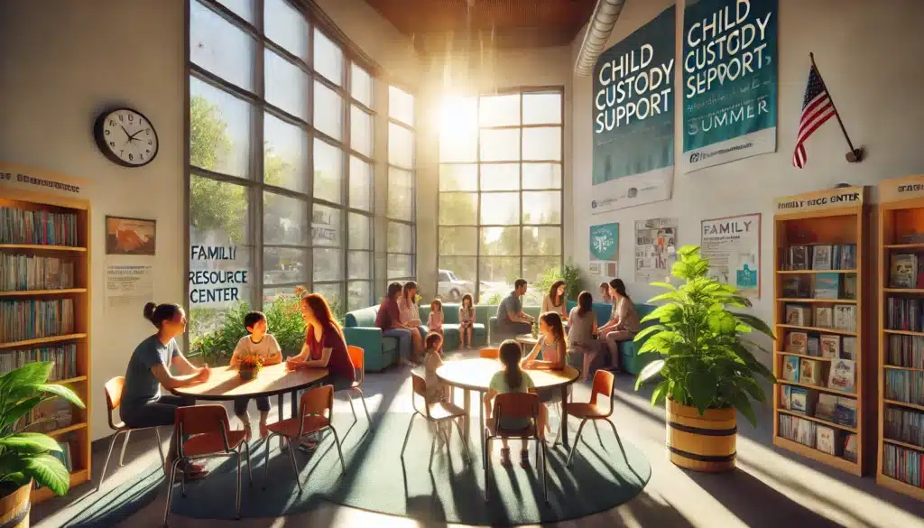 A cinematic, photo-realistic wide-angle image depicting a family resource center during summer. The setting shows a welcoming space with families seated at round tables, talking with counselors or social workers. Large windows let in natural sunlight, illuminating the room with a warm glow. A bulletin board in the background displays brochures and posters about child custody support services. Outside the windows, vibrant greenery and a sunny day emphasize the summer vibes, creating a hopeful and supportive atmosphere. The scene conveys a sense of community and resources available to help families navigate child custody issues.