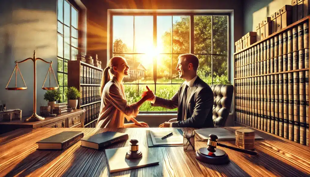 A wide-angle, photo-realistic, cinematic image with summer vibes capturing real-life success stories of clients with family law attorneys. The scene shows an inviting, well-lit office with large windows revealing a lush, sunlit outdoor view. An attorney sits with a happy, relieved client across a polished wooden desk, sharing a lighthearted, celebratory moment. Documents and legal books are neatly arranged, emphasizing the professionalism of the setting. The client smiles with a sense of accomplishment, conveying trust, hope, and the positive impact of successful family law outcomes. The atmosphere is warm, optimistic, and supportive, ideal for celebrating real-life client success stories in Texas.