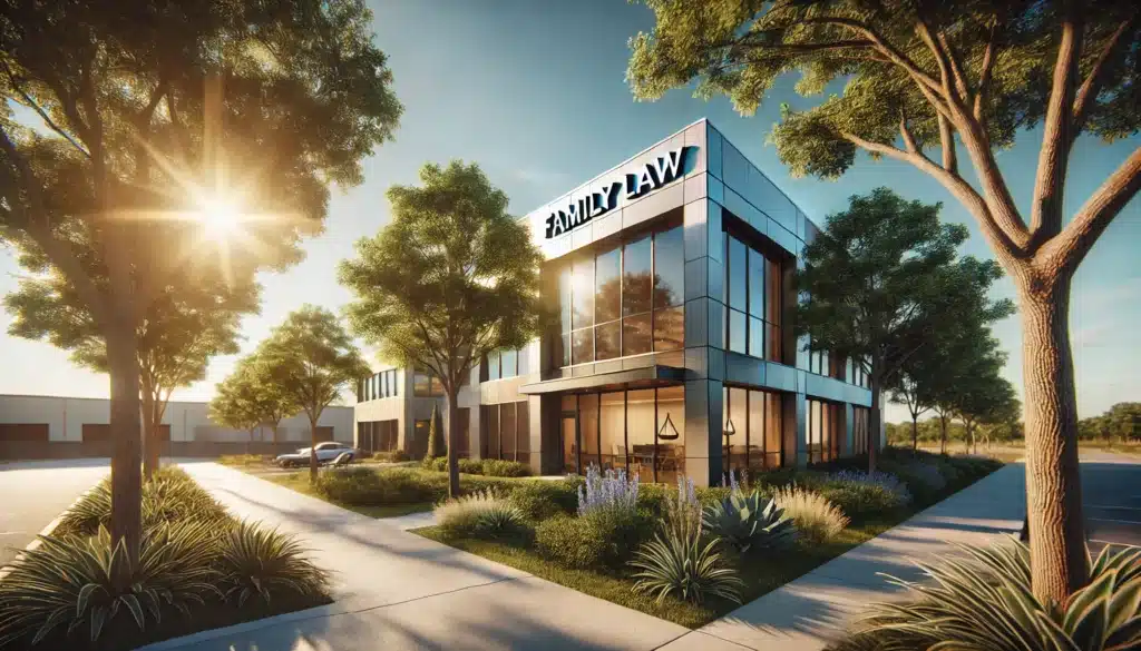 A wide-angle, photo-realistic, cinematic image with summer vibes, capturing an outdoor scene of a family law office in Texas. The office is situated in a bright, warm, sunlit area, with green trees and a blue sky in the background. The focus is on a modern building with large windows, symbolizing family law matters. The atmosphere is calm and inviting, with soft sunlight casting shadows on the well-maintained landscaping. The image evokes a sense of professionalism and trust, with an emphasis on family law, showcasing a peaceful and approachable environment.