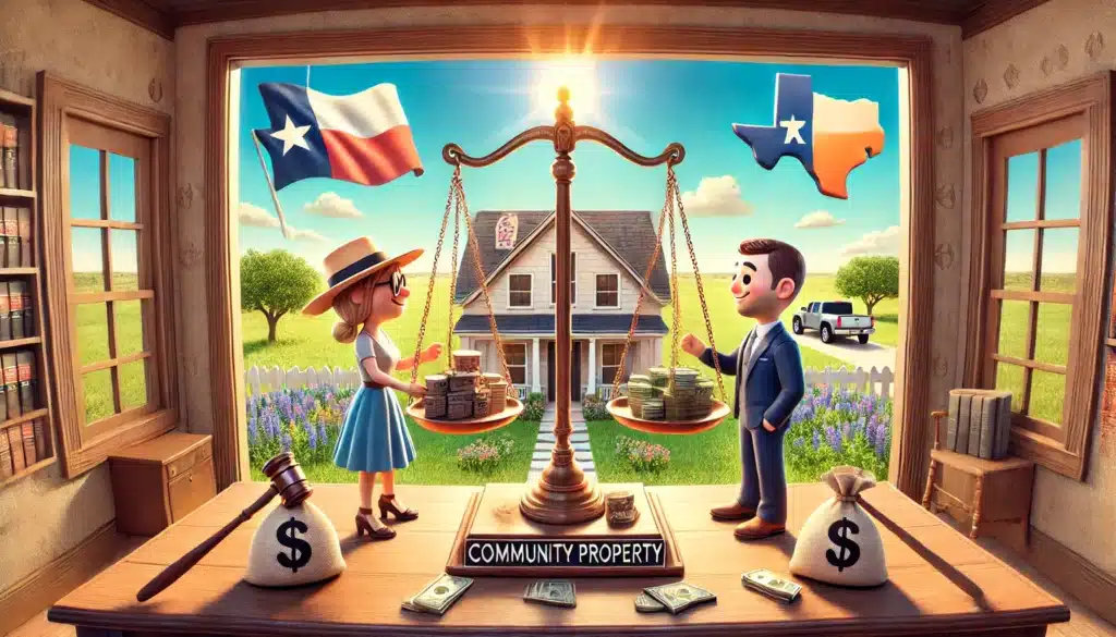 Cartoon depicting the division of community property in a divorce.