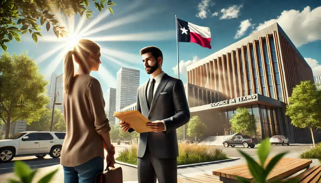 A wide-angle, photo-realistic, cinematic image depicting the importance of hiring skilled divorce modification attorneys in Texas. The image shows a confident attorney, standing in a sunny Texas cityscape, discussing legal documents with a concerned parent. In the background, there is a modern courthouse with a Texas flag waving gently. The scene captures summer vibes with bright sunlight, green trees, and a clear blue sky. The atmosphere conveys professionalism, trust, and the seriousness of legal decisions impacting family matters.