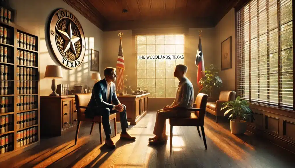 Wide-angle, photo-realistic, cinematic image with summer vibes. The scene shows a child custody attorney in The Woodlands, Texas, having a conversation with a client in a professional, welcoming law office. The attorney appears attentive and engaged, while the client looks relieved and hopeful. Warm sunlight streams through large windows, casting a soft glow that creates a calming atmosphere. The office decor includes subtle Texas-themed elements, like a Lone Star emblem or artwork depicting The Woodlands. The overall mood is supportive and reassuring, capturing the essence of a productive legal consultation.