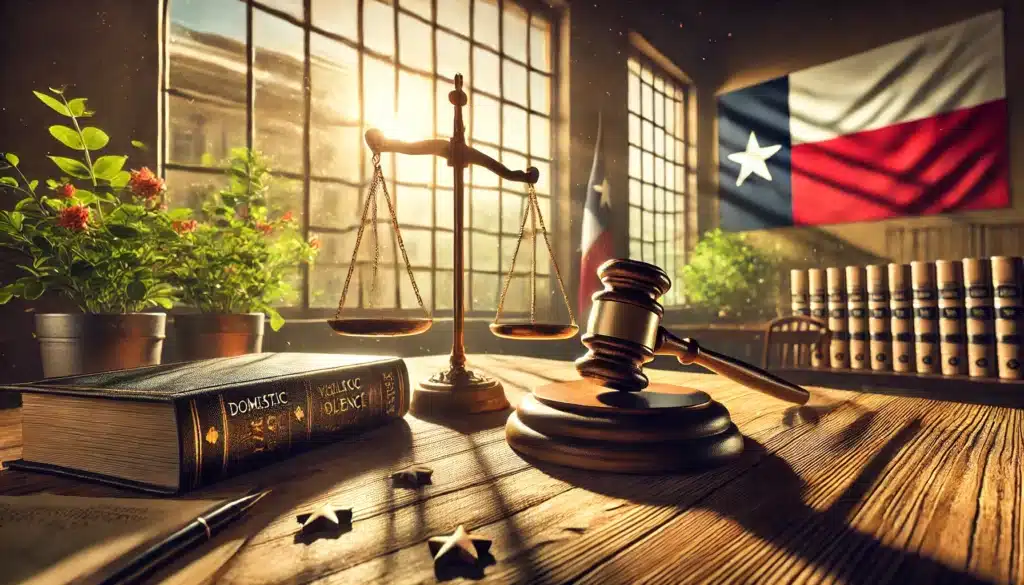 A photo-realistic, cinematic wide-angle image representing the concept of domestic violence laws in Texas. The scene features a symbolic blend of legal elements and summer vibes. A courtroom gavel and scales of justice are placed prominently on a wooden desk, with warm sunlight pouring in through large windows, casting shadows. In the background, there are subtle Texas elements, such as the Texas flag, greenery, and an open law book with highlighted passages. The atmosphere is serious yet inviting, embodying the summer warmth while focusing on the concept of justice in domestic violence cases.