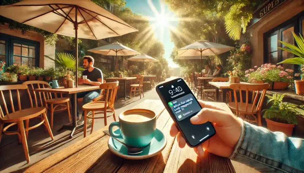 A wide-angle, photo-realistic cinematic image with summer vibes, showing a person sitting at a cozy outdoor café on a sunny morning, sipping coffee while their smartphone buzzes on the table with a message notification. The café is bathed in warm sunlight, with lush green trees and soft shadows in the background. The phone's screen shows a text message asking 'When does child support end in Texas?' The scene feels inviting and relaxed, with a hint of anticipation as the person contemplates the question.