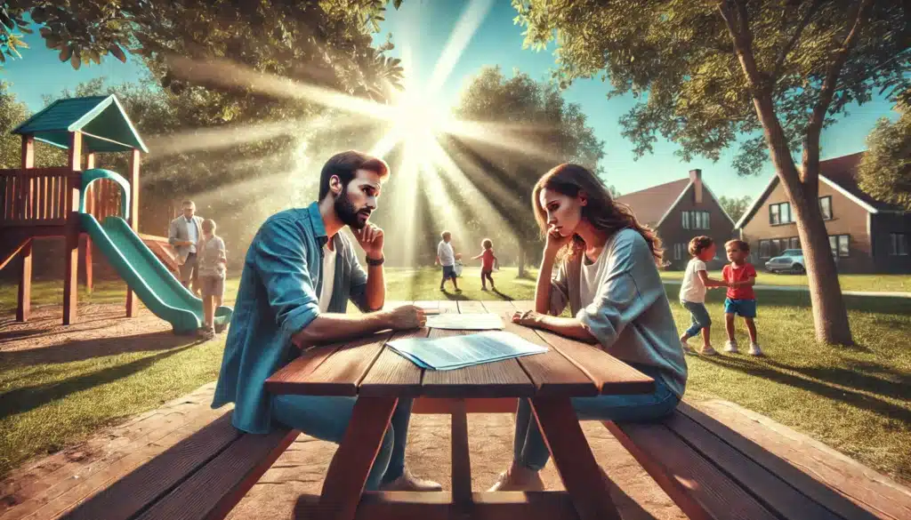 Wide-angle, photo-realistic, cinematic image with summer vibes. The scene depicts a meeting between two concerned parents in a park setting, discussing child custody issues. They look stressed yet hopeful, with a legal document on a picnic table between them. The atmosphere is bright, with sunlight filtering through tree branches, symbolizing the emotional and legal challenges of child custody. The background features children playing in the distance, adding a layer of complexity to the conversation. The overall mood captures the tension, emotional weight, and hope that come with navigating common child custody challenges.