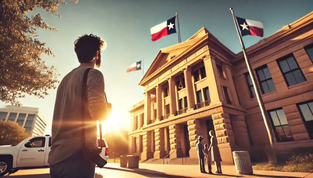 A wide-angle, photo-realistic, cinematic image with summer vibes, visually representing key factors in Texas child custody decisions. The scene shows the exterior of a Texas courthouse on a sunny day, with warm sunlight illuminating the building and a Texas flag flying. In the foreground, a thoughtful parent stands looking toward the courthouse with a child nearby, capturing the seriousness and emotional weight of custody decisions. The setting reflects both the warmth of a Texas summer day and the importance of family law. No visible text or camera equipment.