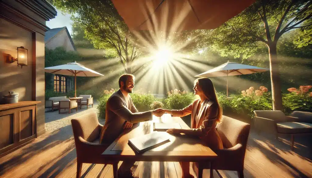 A cinematic, wide-angle, photo-realistic image of a peaceful and collaborative setting on a summer afternoon. Two people sit at a sunlit outdoor café table, smiling and shaking hands with a stack of documents between them, symbolizing the benefits of an uncontested divorce. The background features lush greenery and warm sunlight streaming through, creating a serene and amicable atmosphere. The scene exudes clarity, resolution, and positivity, reflecting the simplicity and advantages of uncontested divorce. No visible branding or text.