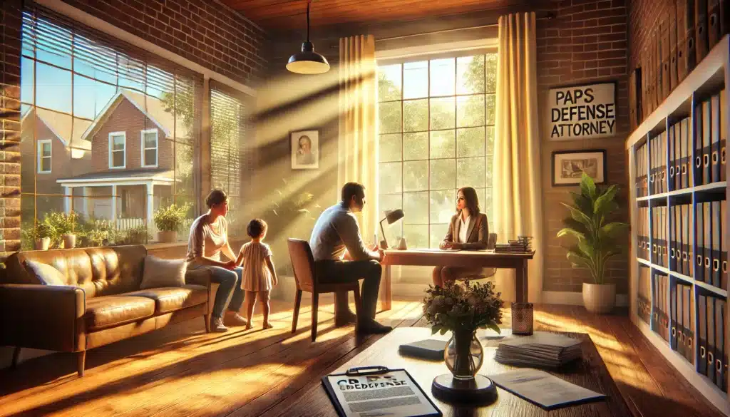 A cinematic, wide-angle, photo-realistic depiction of a scene providing actionable advice for parents facing CPS allegations, emphasizing parental rights and support. The image shows a supportive conversation between a CPS defense attorney and concerned parents in a welcoming office setting. Warm summer sunlight streams through a large window, casting a hopeful glow on the scene. Details include legal documents and a notebook on the table, a family photo in a frame, and soft touches like a vase of fresh flowers. The background hints at a peaceful Texas neighborhood visible through the window, reinforcing the summer vibes and a sense of security and resolution.