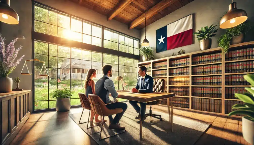 A photo-realistic, wide-angle image of a legal consultation session with a family law attorney. The setting is a modern and inviting office with warm, natural summer light streaming through large windows. The attorney is seated at a polished wooden desk, attentively listening to a couple and their child seated across from them. The decor includes shelves with legal books, a Texas flag in the background, and tasteful indoor plants, creating a professional yet approachable atmosphere. The image evokes a cinematic summer vibe and emphasizes trust and guidance.