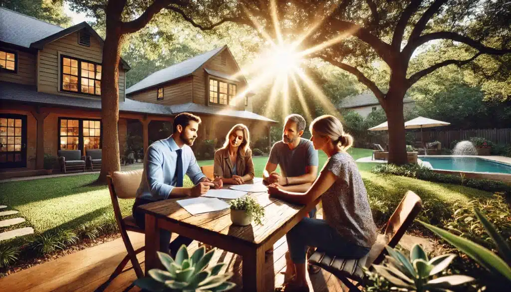 A wide-angle, photo-realistic, cinematic image with summer vibes showing a family law attorney discussing options with clients outdoors in The Woodlands, Texas. The setting is warm and inviting, with sunlight filtering through nearby trees and lush greenery surrounding the scene. The attorney sits at a rustic wooden table with a family, showing an empathetic and professional demeanor as they go over important documents. The clients look engaged and reassured. The atmosphere captures a sense of support and understanding in a peaceful suburban environment.