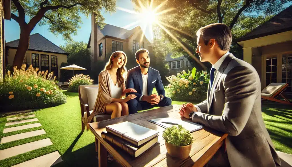 A wide-angle, photo-realistic, cinematic image depicting a couple meeting with an approachable attorney outdoors on a sunny summer day, discussing the uncontested divorce process. The setting has summer vibes, with bright sunlight, lush greenery, and an elegant, calm atmosphere typical of River Oaks, Texas. The couple looks relaxed and attentive, while the attorney, dressed professionally, is offering supportive guidance with a warm, reassuring expression. The scene exudes a sense of understanding, collaboration, and ease, without any legal documents or office props visible.