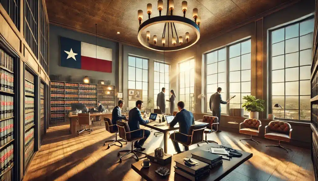 A cinematic, wide-angle, photo-realistic image showcasing a law firm specializing in child custody cases. The scene features a modern, well-lit office with large windows letting in warm summer sunlight. Attorneys are seen collaborating at a large table with legal documents, laptops, and coffee mugs. The setting exudes professionalism and approachability, with subtle Texas-themed decor such as a Lone Star flag and family-oriented artwork. The atmosphere is welcoming and supportive, reflecting the firm’s dedication to family law and child custody cases.