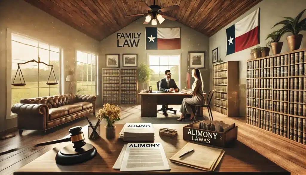 A cinematic, photo-realistic wide-angle image representing alimony laws in Texas. The scene features a professional family law attorney's office in Humble, Texas, with documents on a desk, a neatly arranged bookshelf, and a warm, inviting atmosphere. The attorney is seen discussing alimony details with a client in a composed, focused manner. The office has large windows letting in soft summer sunlight, and the background includes subtle Texas-themed decor, like a state flag and landscape artwork. The setting conveys professionalism, trust, and a summer vibe.