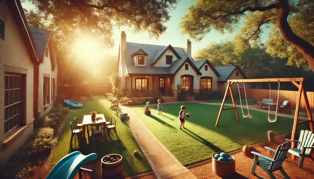 A wide-angle, photo-realistic, cinematic image with summer vibes, depicting a stable, serene environment for children involved in custody cases. The scene shows a cozy Texas suburban home with a large yard, where children play in a safe and inviting space. The warm sunlight illuminates the yard, with green grass, trees, and a swing set in the background, creating a peaceful, stable environment that represents security and family. The overall atmosphere is calm, evoking a sense of comfort and stability on a sunny summer day. No visible text or camera equipment.