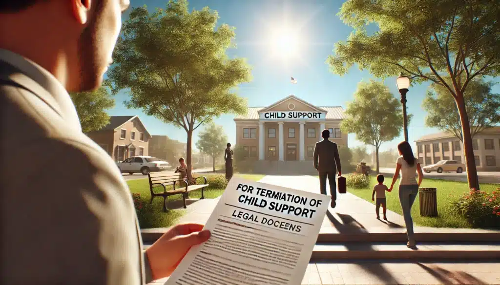 A wide-angle, photo-realistic, cinematic image with summer vibes capturing an illustrative scene representing the legal process for terminating child support. The scene is set outdoors in a bright, sunny environment, perhaps near a courthouse or office. The focus is on a parent holding legal documents, such as court papers or a motion for termination of child support, while standing on courthouse steps or near a legal building. In the background, a child and another parent may be visible, symbolizing the family context. The overall scene has a serious yet hopeful tone, with soft sunlight, green trees, and a clear sky, evoking the resolution of a legal process during a summer day.