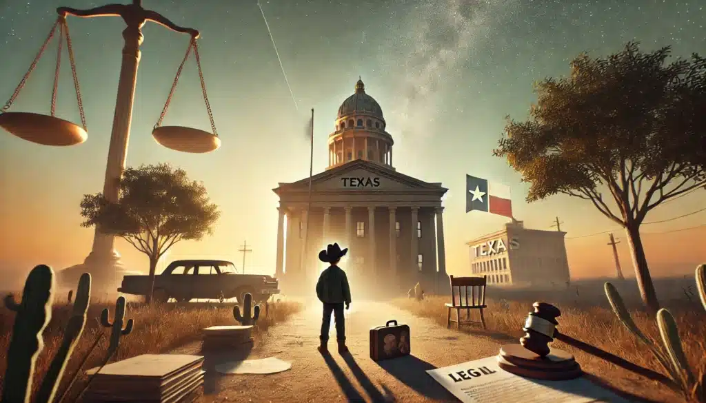 A cinematic, photo-realistic wide-angle image illustrating the legal consequences of child abandonment in Texas. The image captures a summer vibe, with a Texas courthouse in the background, symbolizing the law. In the foreground, a lone child stands, appearing isolated and sad, holding a small suitcase or backpack, representing abandonment. The setting is a warm summer day, with soft, golden light and long shadows. There are legal symbols such as a distant courthouse, a gavel, and papers subtly integrated into the landscape to emphasize the legal consequences. The mood is somber, with a sense of seriousness and impact.