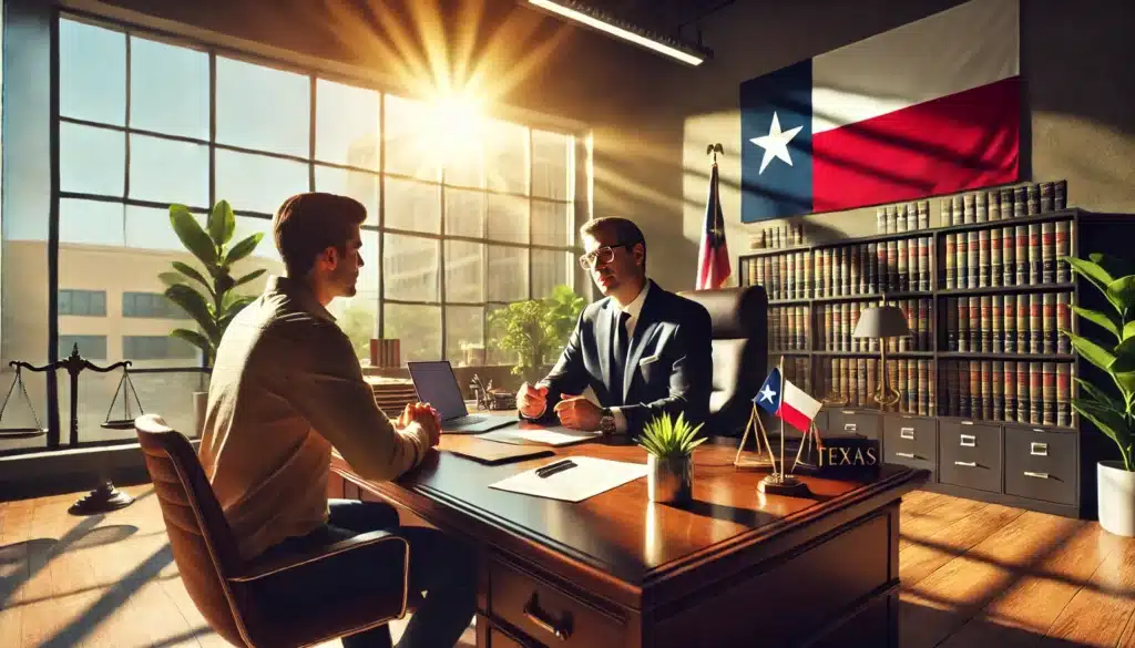 A wide-angle, photo-realistic, cinematic image with summer vibes featuring an experienced annulment attorney in Texas. The scene shows a professional office setting with a confident attorney sitting at a polished desk, engaging with a client. Legal documents and a laptop are on the desk, along with a Texas flag in the background. Sunlight pours through large windows, highlighting the warm and welcoming environment. The atmosphere conveys professionalism, expertise, and a sense of reassurance for the client.