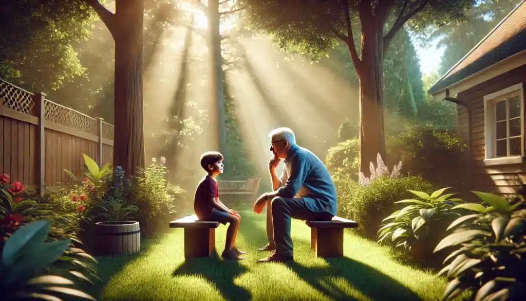 A wide-angle, photo-realistic, cinematic image with summer vibes capturing a thoughtful discussion between a grandparent and a child. The scene is set in a serene backyard with soft sunlight filtering through tall trees. The grandparent sits on a wooden bench, leaning forward with a warm and attentive expression, while the child, seated beside them, looks up thoughtfully. The surrounding environment includes vibrant green grass, blooming flowers, and a sense of calm, symbolizing the concept of best interests in custody arrangements.