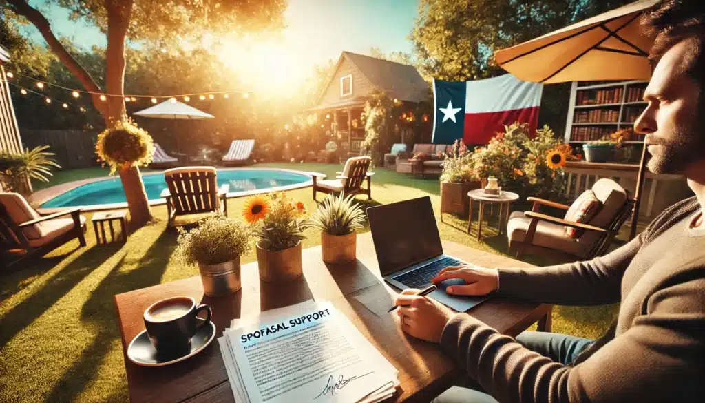 A cinematic, wide-angle, photo-realistic depiction of a sunny summer day at a cozy outdoor setting. A professional-looking individual sits at a table with legal documents, a laptop, and a coffee cup, symbolizing a focus on understanding spousal support in Texas. The scene features vibrant greenery, soft golden sunlight, and a relaxed yet focused atmosphere. A subtle Texas flag is visible in the background, tying the setting to Texas. The vibe captures summer energy with a touch of legal seriousness and inquiry.