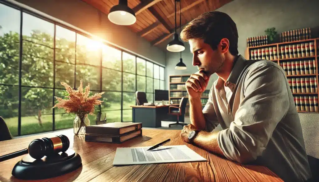 Wide-angle, photo-realistic, cinematic summer scene depicting a thoughtful parent sitting in a family law office, considering child custody during an annulment process. The parent appears deep in thought, gazing at legal documents on a desk. The background is slightly blurred, showcasing a well-lit family law office with warm summer light streaming through large windows. Hints of greenery outside add to the summer vibes, creating a bright and inviting atmosphere. The overall scene captures the emotional weight and seriousness of child custody decisions in the context of annulment.