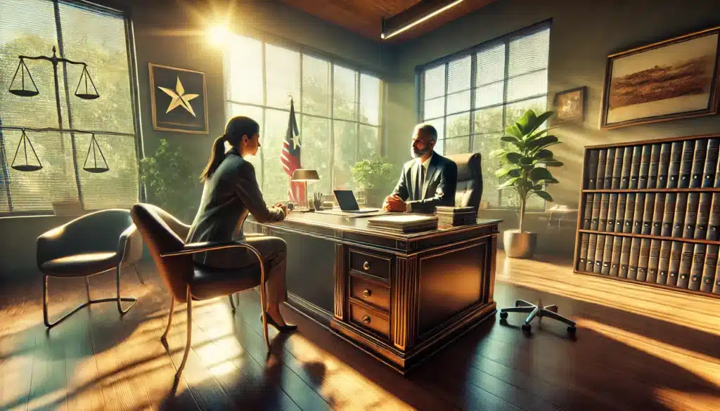 A wide-angle, photo-realistic, cinematic image of an experienced family law attorney sitting in a professional office setting, providing guidance to a client. The attorney and client are seated across a polished desk with legal documents and a laptop present. The summer atmosphere is emphasized with natural sunlight streaming through large windows, casting a warm glow over the scene. The office decor includes greenery, tasteful artwork, and a Lone Star flag in the background, creating a professional yet inviting environment. The overall vibe is one of trust, professionalism, and approachability.