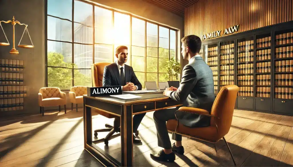 A cinematic, photo-realistic, wide-angle image of a family law attorney discussing alimony in a divorce case. The setting is a professional, sunlit office with large windows, showcasing summer vibes. The attorney, dressed in a business suit, is seated at a polished wooden desk, speaking to a client across the table. Papers and a laptop are visible on the desk, emphasizing the legal consultation. The background features tasteful decor and soft natural light streaming in through the windows, adding a warm and inviting atmosphere.