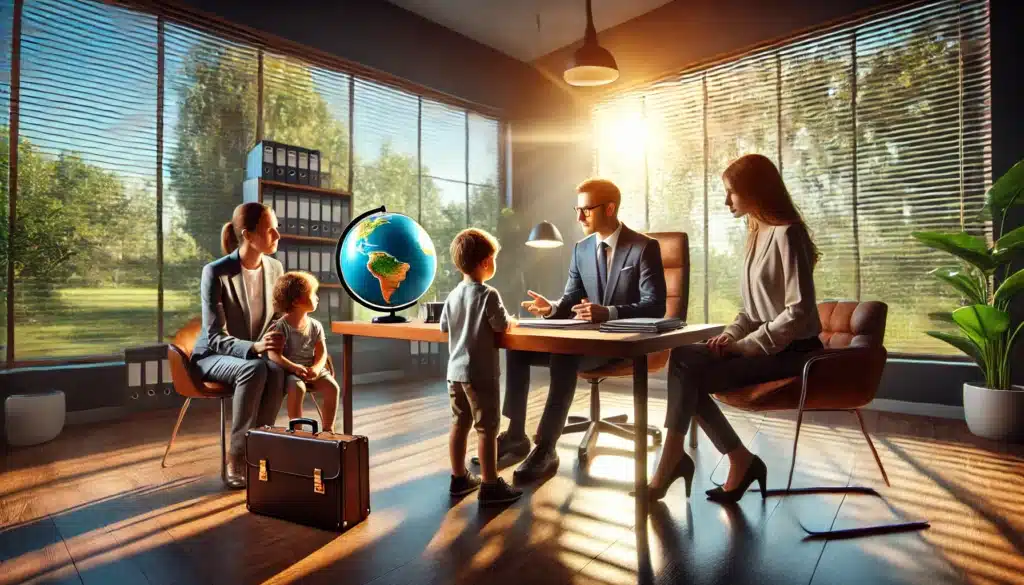 A wide-angle, photo-realistic, cinematic image showing an international child custody attorney providing guidance to a family in a professional office setting. The attorney sits at a sleek desk with legal documents, a laptop, and a globe, while the family, including parents and a child, attentively listens. Large windows reveal a sunny summer scene with lush greenery outside, creating a warm and inviting ambiance. The atmosphere is supportive and professional, emphasizing trust and expertise in addressing complex legal matters.