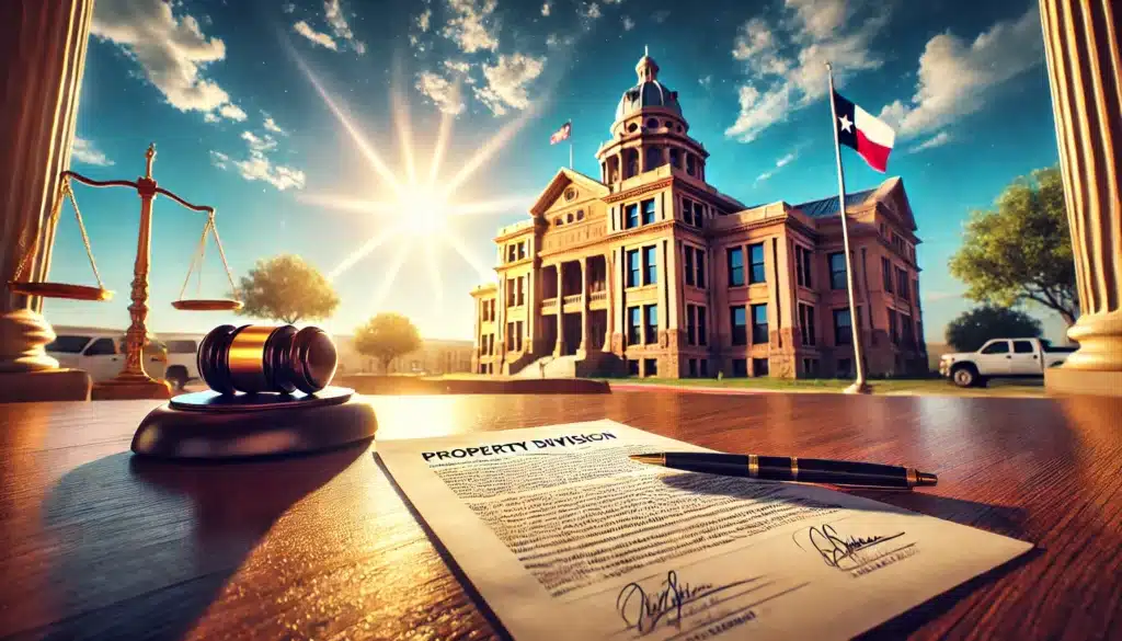 A wide-angle, photo-realistic, cinematic image with a bright summer vibe set in Spring, Texas. The image features a close-up view of legal documents placed on a wooden desk, symbolizing property division enforcement. In the background, a Texas courthouse building can be seen, blending into a sunlit, vibrant summer sky. The atmosphere feels serious yet hopeful, suggesting legal action and resolution. There are no visible people or camera equipment, focusing instead on the legal paperwork and the iconic Texas setting.