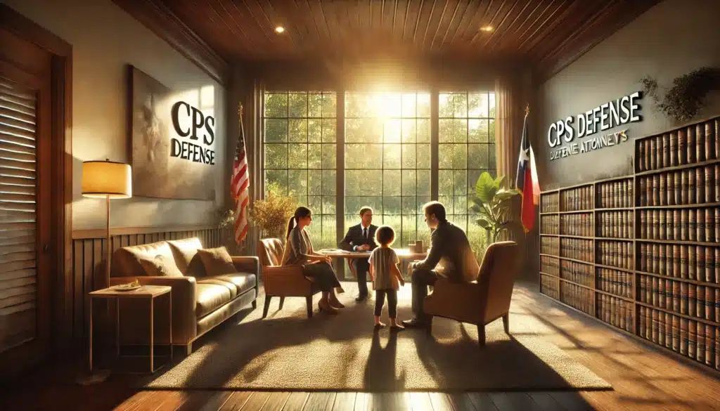 A cinematic, wide-angle, photo-realistic depiction of a scene showing CPS defense attorneys in River Oaks, Texas, working with a family. The setting is a warm summer afternoon with golden sunlight streaming through a large window in a professional yet inviting office. The environment includes comfortable seating, legal documents on the table, and a family of three interacting with two attorneys who are attentively listening and providing guidance. The scene conveys collaboration, trust, and support, with subtle elements like Texas-inspired decor and lush greenery visible outside the window, enhancing the summer vibe.