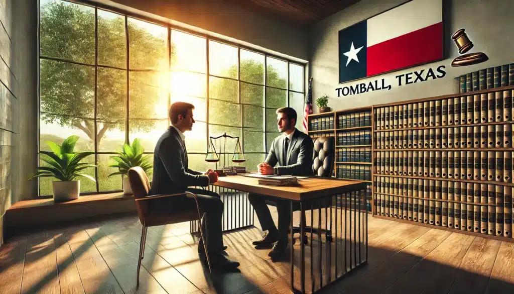 A photo-realistic, cinematic wide-angle image depicting a family law attorney in Tomball, Texas, discussing alimony cases with a client. The scene is set in a modern office with large windows letting in warm summer sunlight. The attorney, dressed in professional attire, is seated across a wooden desk with legal documents and a Texas flag in the background. The client, appearing engaged and attentive, is seated on the other side, creating a professional yet approachable atmosphere. The setting conveys a summer vibe with green trees visible through the windows, evoking trust and collaboration.