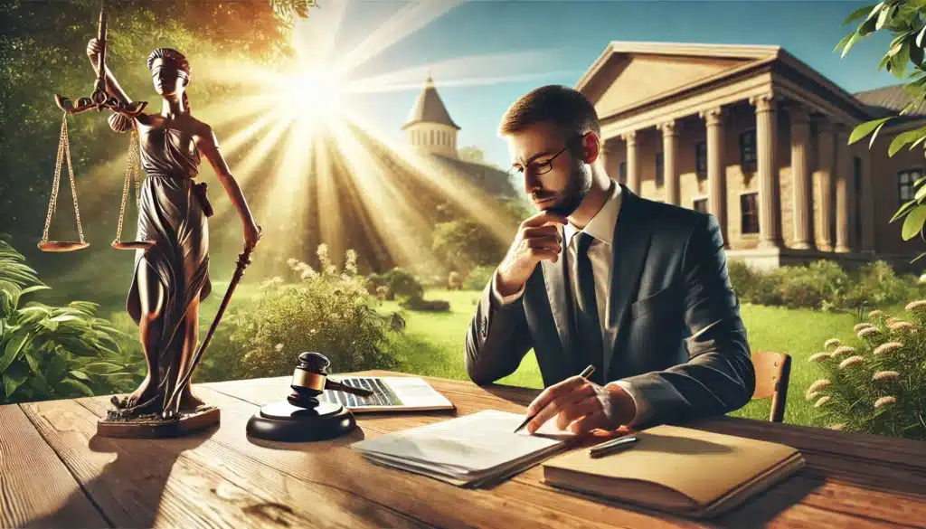 A cinematic, wide-angle, photo-realistic depiction of a sunny summer day in an outdoor professional setting. A legal professional sits at a table reviewing documents with a thoughtful expression, symbolizing the process of modifying spousal support orders. Nearby, scales of justice and a laptop are visible, representing legal analysis. The background features lush greenery, soft sunlight casting warm summer vibes, and a courthouse subtly in the distance. The scene blends a professional focus with a relaxed, sunny atmosphere.