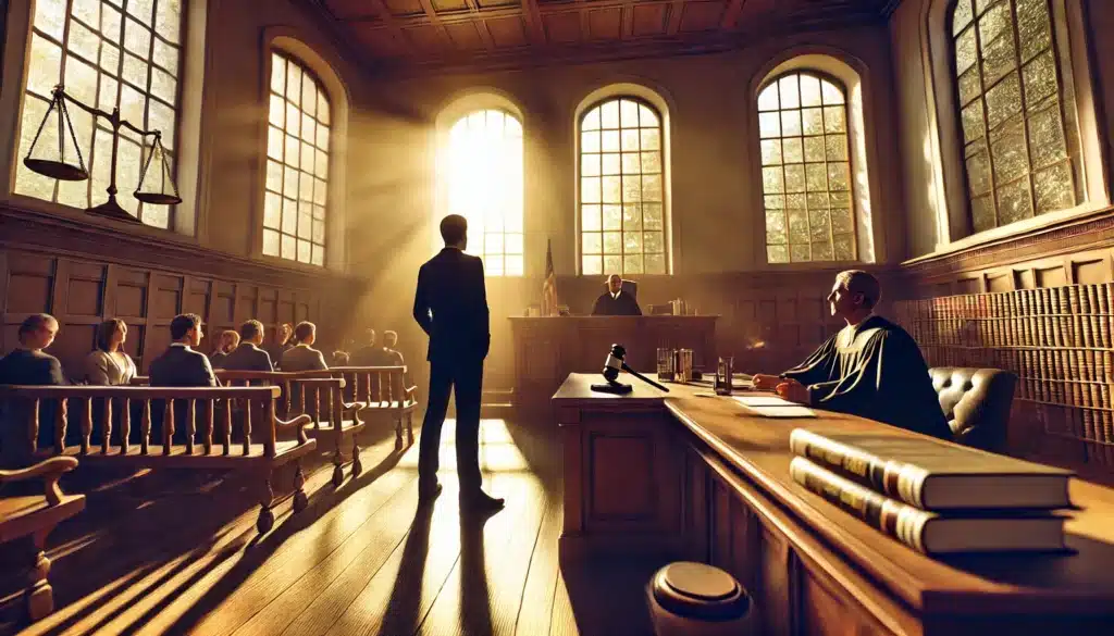 A photo-realistic, cinematic wide-angle image depicting the role of a domestic violence lawyer in a courtroom. The scene captures a lawyer standing confidently before the judge and jury, representing their client in a domestic violence case. The courtroom is bathed in warm summer sunlight streaming through tall windows, casting soft shadows on the wooden benches and tables. The lawyer is mid-argument, with legal documents on the desk, and the judge listens attentively. The atmosphere blends seriousness with an inviting summer vibe, capturing the intensity of courtroom proceedings alongside the warmth of the season.