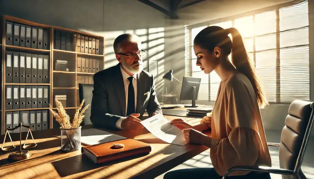 A cinematic, wide-angle, photo-realistic image with summer vibes showing an experienced divorce attorney assisting a client with divorce paperwork. The scene is set in a bright, modern office with natural sunlight pouring in through large windows. The attorney, a professional and confident figure, is sitting at a desk, explaining the paperwork to the client. The client, focused and engaged, is reviewing the documents. The atmosphere is warm, calm, and collaborative, conveying trust and professionalism. The office features sleek furniture and legal bookshelves, enhancing the inviting and productive environment.