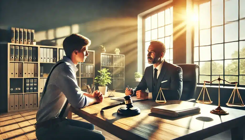 Wide-angle, photo-realistic, cinematic image with summer vibes, captured in the style of a wide-angle lens camera. An experienced family law attorney sits at a desk, consulting with a client in a professional office setting. The attorney is calm and attentive, offering legal advice, while the client listens with a concerned but hopeful expression. Sunlight pours in through large windows, casting a warm glow across the room. The office is tidy with documents and a legal bookcase in the background. The overall atmosphere is welcoming, supportive, and professional, emphasizing trust and expertise.