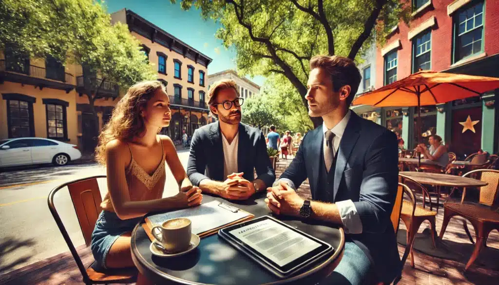 Wide-angle, photo-realistic, cinematic image with summer vibes. A couple and a lawyer are seated at an outdoor café table in a sunny setting, discussing spousal support and alimony laws in Texas. The lawyer looks professional, holding a tablet with legal documents, while the couple listens attentively. The background shows a vibrant street scene with lush green trees, Texas-style architecture, and people enjoying the summer day. The overall mood is warm, inviting, and focused, capturing a friendly yet serious legal consultation.