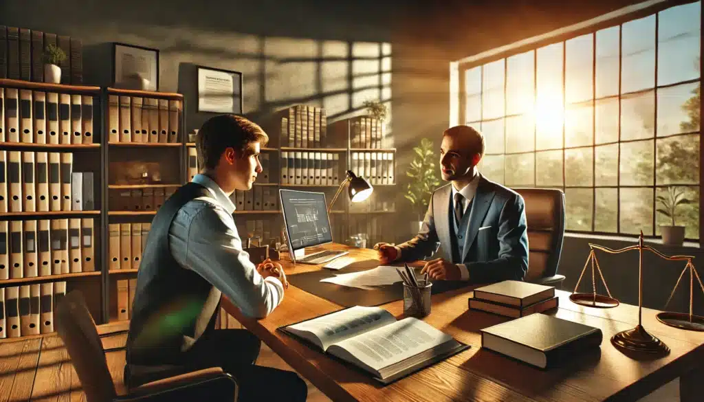 A photo-realistic, cinematic, wide-angle image capturing a family lawyer in a professional, modern office discussing parental visitation rights with a client. The lawyer is seated at a desk with open legal documents and a laptop, while the client appears engaged in conversation. The scene is illuminated by warm, natural sunlight streaming through large windows, creating a summer vibe. The background features organized shelves with law books and certificates, emphasizing professionalism and trust.