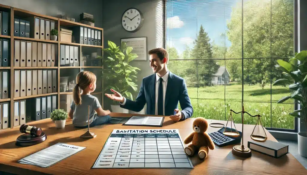 A photo-realistic, wide-angle cinematic image of a family law attorney presenting a balanced visitation schedule for children. The scene captures a bright and professional office with large windows showing a sunny summer day and lush greenery outside. On the desk, there is a neatly organized visitation schedule alongside legal documents. The attorney is smiling and gesturing confidently while explaining the schedule to a parent sitting across the desk. The mood is professional yet warm, emphasizing cooperation and focus on the child’s best interests.