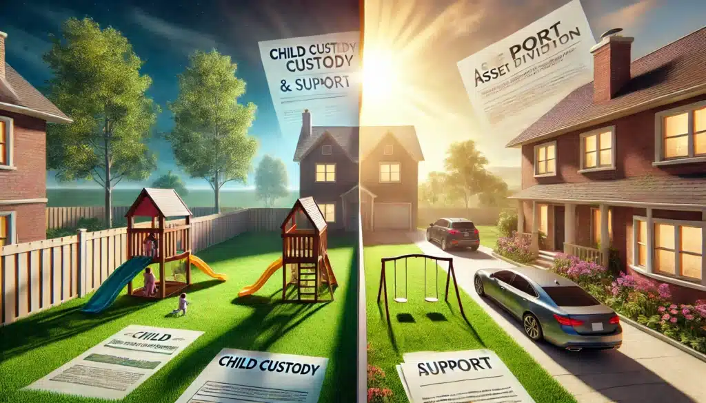 A wide-angle, photo-realistic, cinematic summer scene illustrating how child custody and support impact asset division in a Texas divorce. The scene shows a family home divided in half, with one side focused on child custody, represented by a playground set and a child's room, while the other side represents financial assets such as a car and documents symbolizing support payments. The bright summer sun casts a warm glow over the setting, with a lush green lawn and blue sky, creating a serene backdrop that contrasts with the complexities of divorce and asset division.