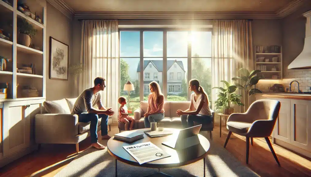 A wide-angle, photo-realistic, cinematic image of a family sitting in a bright and modern living room on a summer day, engaged in a discussion about child custody options. The scene captures a sense of warmth and realism, with natural light streaming through large windows, evoking summer vibes. The family includes two parents and a child, with a legal document and laptop on the coffee table. The background features tasteful decor, emphasizing a calm and serious yet hopeful atmosphere.