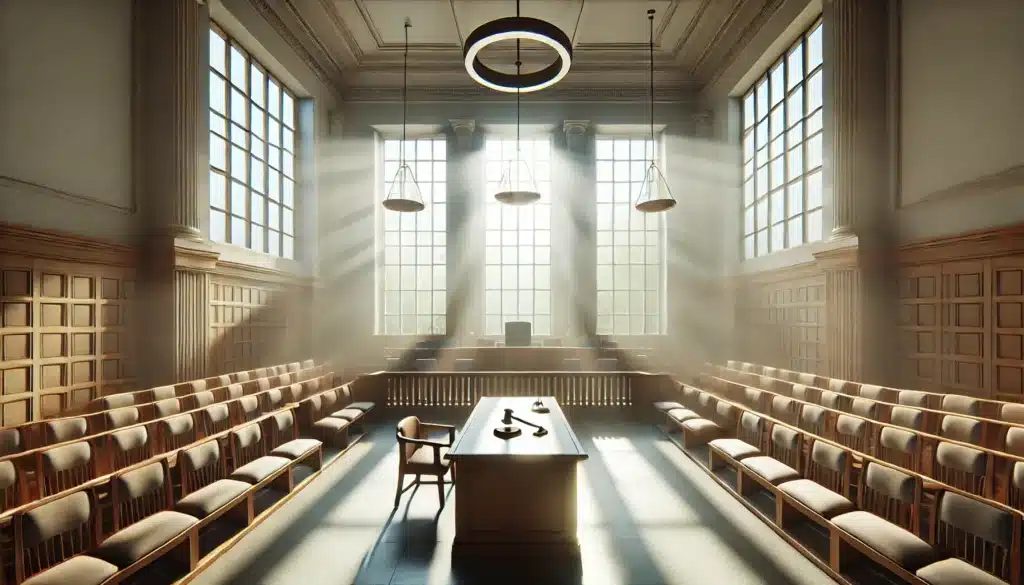 An illustration of a courtroom, representing the legal process involved in establishing paternity.