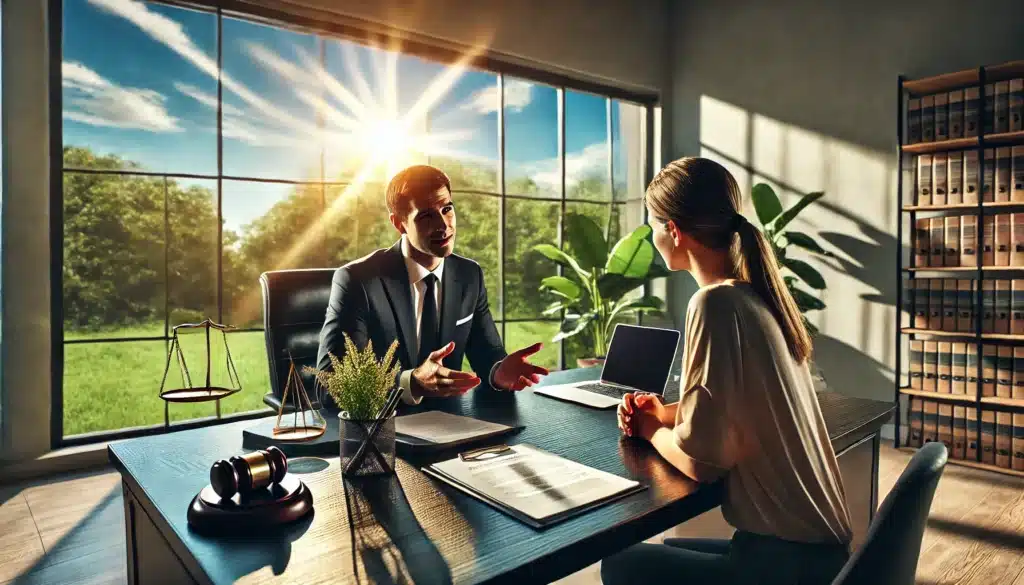 A wide-angle, photo-realistic, cinematic image with summer vibes illustrating the benefits of consulting with experienced property division enforcement attorneys. The scene shows a confident attorney sitting with a client at a sleek, polished desk in a bright and inviting office. Legal documents and a laptop are spread out on the desk as the attorney explains key points to the client. Sunlight streams through large windows, highlighting the lush greenery and blue skies of a Texas summer outside. The atmosphere is professional yet warm, conveying trust, expertise, and reassurance. The client appears engaged and optimistic, reflecting the positive impact of expert legal guidance.