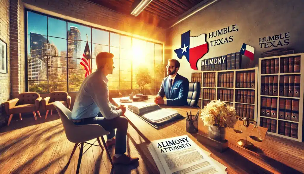 A cinematic, photo-realistic wide-angle image illustrating the benefits of consulting experienced alimony attorneys in Humble, Texas. The scene features a confident attorney sitting in a bright, professional office, discussing alimony strategies with a client. Legal documents and financial plans are neatly arranged on a desk, while the client listens attentively. The office is illuminated by warm summer sunlight streaming through large windows, with Texas-themed decor like a state flag and a map subtly in the background. The setting conveys professionalism, trust, and optimism.