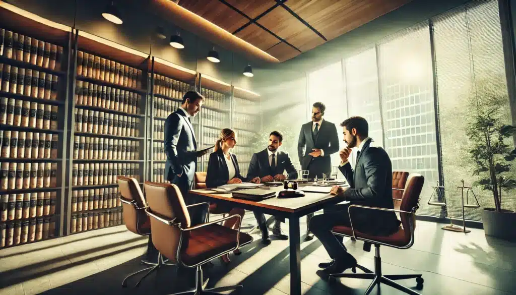 A photo-realistic, cinematic wide-angle image of a group of contested divorce attorneys in Sugarland, Texas, collaborating on a case in a modern, professional office. The attorneys, a diverse group of three, are gathered around a large conference table, discussing legal documents and strategy. The office is sleek and contemporary, with large windows allowing natural sunlight to flood the room, creating a warm and vibrant atmosphere. The summer light highlights the relaxed yet focused energy of the team. The attorneys, dressed in business attire, are engaged in the discussion, with one attorney pointing at a document while others take notes. The background shows bookshelves filled with legal books, adding a sense of authority and professionalism to the scene.