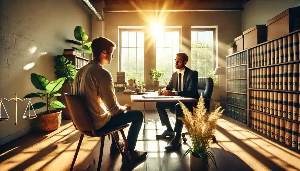 A wide-angle, photo-realistic, cinematic image with summer vibes showing a local temporary orders attorney sitting across from a client in a warm, sunlit office. The attorney is dressed in a professional suit, listening attentively while the client, looking concerned, shares their situation. The office has a welcoming, light-filled atmosphere with green plants and legal books on shelves. Sunlight streams through the windows, casting a calming glow, emphasizing a hopeful and supportive environment.