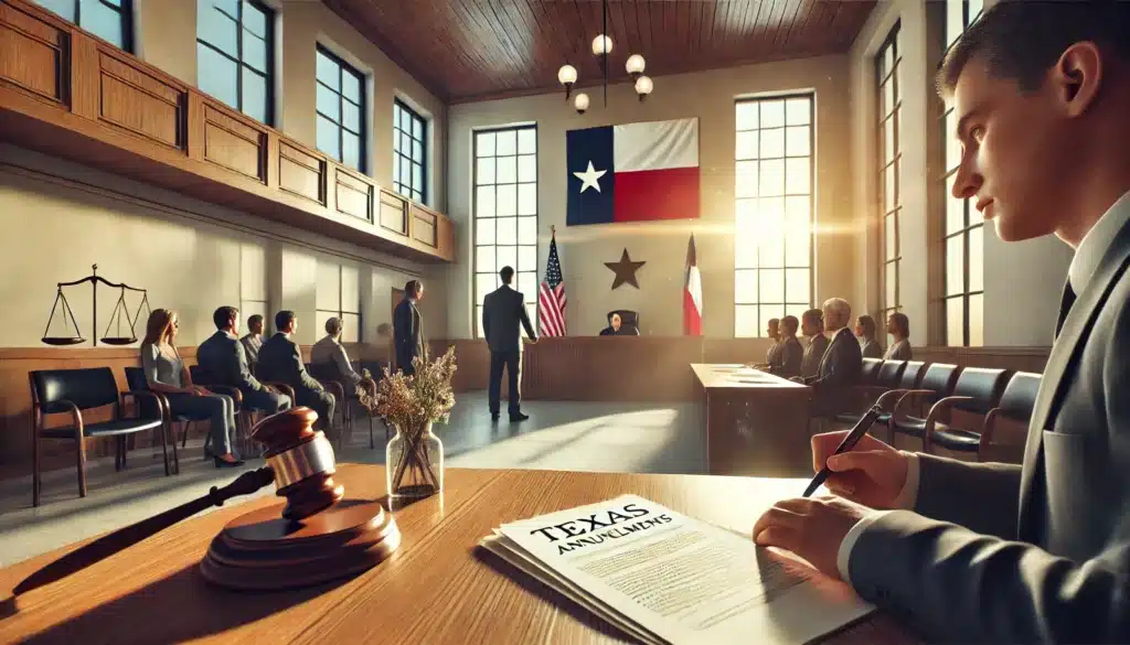 A wide-angle, photo-realistic, cinematic image with summer vibes, depicting legal considerations in Texas annulments with an emphasis on court proceedings. The scene features a modern courtroom with a Texas state flag, a judge’s bench, and an attorney presenting legal documents to a judge. Soft sunlight streams through tall windows, adding warmth to the professional and solemn atmosphere. People in the courtroom appear attentive and engaged. No text or camera equipment visible in the image.